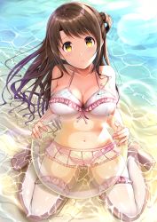 Rule 34 | 1girl, :t, absurdres, beach, bikini, bikini skirt, blush, breast rest, breasts, brown hair, cleavage, closed mouth, collarbone, day, fay (fay axl), frilled bikini, frills, from above, front-tie bikini top, front-tie top, gluteal fold, highres, idolmaster, idolmaster cinderella girls, large breasts, lens flare, long hair, looking at viewer, navel, one side up, outdoors, partially submerged, pout, sand, shimamura uzuki, sitting, solo, swimsuit, thighhighs, wariza, water, white bikini, white thighhighs, yellow eyes