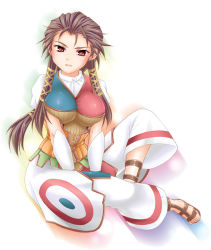 Rule 34 | 1girl, :d, arm guards, bernadette egan, blush, breasts, brown eyes, brown hair, buttons, earrings, full body, gensou suikoden, gensou suikoden v, head tilt, invisible chair, jewelry, large breasts, long hair, looking at viewer, no socks, open mouth, pants, sandals, shigemiya kyouhei, shiny clothes, simple background, sitting, smile, solo, stud earrings, toes, white background, white pants