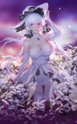 Rule 34 | 1girl, arm up, artist name, azur lane, backlighting, bare shoulders, blue eyes, breasts, cleavage, detached collar, dress, elbow gloves, floating hair, gloves, hair ornament, hand on headwear, hat, highres, illustrious (azur lane), large breasts, long hair, looking at viewer, low twintails, open mouth, outdoors, petals, solo, standing, strapless, strapless dress, sun hat, swd3e2, thighhighs, twintails, very long hair, white dress, white gloves, white hair, white hat, white thighhighs, zettai ryouiki