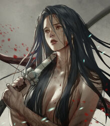 Rule 34 | 1girl, ashina genichirou, black hair, black nails, blood, bow (weapon), breasts, cleavage, crying, crying with eyes open, genderswap, genderswap (mtf), highres, imminent suicide, katana, kdash, large breasts, long hair, nude, sekiro: shadows die twice, seven-branched sword, solo, sword, tears, upper body, weapon