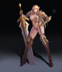 Rule 34 | 1girl, absurdres, armor, bikini armor, blonde hair, blue eyes, elf, garter straps, gluteal fold, goldengear870, greaves, high heels, highres, huge weapon, long hair, looking to the side, navel, pauldrons, pointy ears, shadow, shoulder armor, single thighhigh, solo, sword, thighhighs, two-handed sword, weapon