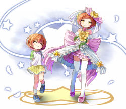 Rule 34 | 10s, 2girls, ^ ^, age difference, bare shoulders, blush, bob cut, child, choker, dress, dual persona, closed eyes, frilled skirt, frills, height difference, highres, hoshizora rin, love live!, love live! school idol project, love wing bell, multiple girls, orange hair, raglan sleeves, shipii (jigglypuff), shoes, short hair, skirt, smile, sneakers, socks, thighhighs, time paradox, veil, white legwear, yellow eyes, aged down