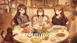 Rule 34 | 3girls, aluce, black hair, blush, book, brown eyes, brown hair, cat, chair, chopsticks, closed eyes, closed mouth, closet, earrings, eating, food, happy, highres, holding, holding plate, jewelry, lamp, long hair, looking down, meat, multiple girls, necklace, noodles, open mouth, original, pillow, plant, plate, sitting, sleeves rolled up, smile, soup, table, vegetable, water, watermark, window, yellow eyes