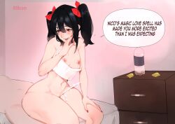 Rule 34 | 1girl, 808gum, absurdres, black hair, blush, bottomless, bow, breasts, breasts out, clothing aside, commentary, cum, english commentary, hair bow, hair ornament, hetero, highres, long hair, love live!, love live! school idol project, nipples, no bra, open mouth, red eyes, red nails, sex, small breasts, smile, tank top, twintails, vaginal, yazawa nico