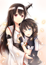 Rule 34 | 10s, 2girls, bad id, bad pixiv id, bandana, bare shoulders, black gloves, black hair, black serafuku, blue eyes, brown hair, detached sleeves, fingerless gloves, fusou (kancolle), gloves, hairband, hand on another&#039;s chest, japanese clothes, kantai collection, long hair, multiple girls, neckerchief, nontraditional miko, one eye closed, red eyes, sailor collar, school uniform, serafuku, shigure (kancolle), smile, tailam, tears