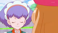 Rule 34 | 10s, 2girls, animated, animated gif, blue eyes, blue hair, blush, brown hair, creatures (company), game freak, hat, long hair, lowres, miette (pokemon), multiple girls, nintendo, pokemon, pokemon (anime), pokemon xy, red eyes, serena (pokemon)