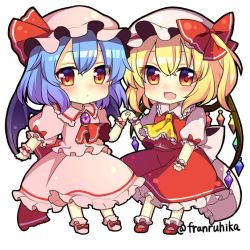 Rule 34 | 2girls, ascot, bat wings, blonde hair, blue hair, blush, bow, brooch, chibi, crystal, fang, flandre scarlet, frilled shirt collar, frills, full body, holding hands, hat, hat bow, hat ribbon, interlocked fingers, jewelry, looking at viewer, mob cap, multiple girls, puffy short sleeves, puffy sleeves, red bow, red eyes, red ribbon, remilia scarlet, ribbon, ruhika, short hair, short sleeves, siblings, side ponytail, sisters, skirt, skirt set, touhou, twitter username, white background, wings