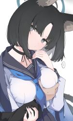 Rule 34 | ..., 1girl, animal ears, black choker, black hair, black sailor collar, black skirt, blue archive, blue neckerchief, blush, breasts, cat ears, cat girl, cat tail, choker, closed mouth, commentary, duplicate, grabbing, grabbing another&#039;s breast, grey eyes, hetero, highres, kikyou (blue archive), large breasts, looking at viewer, mikozin, neckerchief, sailor collar, school uniform, serafuku, short hair, simple background, skirt, solo focus, spoken ellipsis, tail, white background