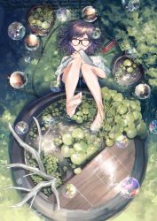 Rule 34 | 1girl, absurdres, barefoot, black-framed eyewear, black hair, black shorts, book, brown eyes, bubble, bush, cable, closed mouth, day, expressionless, feet, glasses, hair spread out, highres, holding, holding book, huge filesize, legs up, light bulb, lily pad, looking at viewer, lying, nature, notebook, on back, original, outdoors, pen, pencil case, plant, pot, roots, shirt, short hair, short sleeves, shorts, sinomi, soaking feet, soles, solo, toes, water, white shirt