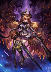 Rule 34 | 1girl, armor, armored dress, big hair, blonde hair, closed mouth, commission, dark angel olivia, elbow gloves, gloves, hair ornament, highres, holding, holding sword, holding weapon, holster, horns, looking at viewer, armored boots, pleated skirt, purple skirt, red eyes, sa-dui, shingeki no bahamut, signature, skirt, smile, solo, spread wings, sword, weapon
