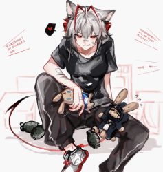 Rule 34 | 1girl, :&lt;, :q, ahoge, amiya (arknights), animal ears, arknights, bandaid, bandaid on face, black pants, black shirt, cat ears, character doll, chinese commentary, chinese text, collarbone, commentary request, demon girl, demon horns, demon tail, doctor (arknights), explosive, flying sweatdrops, grenade, grey hair, hair between eyes, heart, highres, holding, holding stuffed toy, horns, kemonomimi mode, licking lips, pants, red eyes, scar, scar on arm, shirt, shoes, short hair, sitting, solo, speech bubble, spoken heart, stuffed animal, stuffed rabbit, stuffed toy, tail, tears, tongue, tongue out, translated, w (arknights), white background, white footwear, zuo daoxing