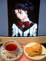 Rule 34 | 00s, 1girl, 2d dating, black hair, bow, cup, fork, gunparade march, lonely, lowres, monitor, photo (medium), plate, ponytail, school uniform, shibamura mai, tea, teacup