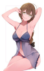 Rule 34 | 1girl, absurdres, adjusting eyewear, ahoge, arm behind head, armpits, arms up, babydoll, bad id, bad pixiv id, bare arms, bare shoulders, blue babydoll, blue panties, blush, border, bow, braid, breasts, brown bow, brown eyes, brown hair, cleavage, collarbone, commentary request, e sky rugo, fingernails, glasses, hair between eyes, hair bow, highres, idolmaster, idolmaster shiny colors, kuwayama chiyuki, lace, lace-trimmed panties, lace trim, large breasts, light blush, lingerie, long braid, long hair, looking at viewer, nail polish, navel, outside border, panties, parted lips, pink nails, rimless eyewear, see-through, side-tie panties, simple background, single braid, sitting, solo, spaghetti strap, stomach, string panties, underwear, underwear only, very long hair, white background