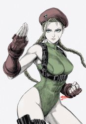 Rule 34 | 1girl, beret, blonde hair, blue eyes, breasts, cammy white, capcom, clenched hand, collarbone, covered collarbone, covered navel, fighting stance, fingernails, green leotard, grey background, hat, hatching (texture), highres, leotard, open hand, parted lips, pink lips, red hat, signature, simple background, solo, star (symbol), street fighter, thigh strap, thighs, tobita nikiichi, turtleneck, twintails