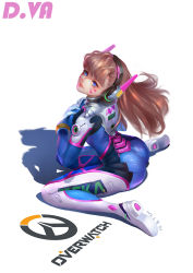 Rule 34 | 10s, 1girl, 2016, blue eyes, bodysuit, breasts, brown hair, character name, chen lu, copyright name, d.va (overwatch), daidai (120226329), dated, facial mark, from above, from side, gloves, hands on own chest, headphones, lips, long hair, looking at viewer, looking to the side, medium breasts, overwatch, overwatch 1, pilot suit, shadow, simple background, sitting, solo, swept bangs, wariza, whisker markings, white background, white gloves