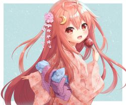 Rule 34 | 1girl, alternate costume, apple, azel (laevateinn495), blush, candy apple, crescent, crescent hair ornament, floral print, flower, food, fruit, hair flower, hair ornament, hair ribbon, japanese clothes, kantai collection, kimono, long hair, long sleeves, looking at viewer, open mouth, pink hair, red eyes, ribbon, smile, solo, uzuki (kancolle), very long hair, wide sleeves, yukata