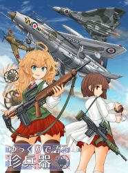 Rule 34 | aden cannon, ahoge, aircraft, airplane, assault rifle, autocannon, avro vulcan, blonde hair, bomber, boulton paul defiant, bullpup, cannon, cup, day, delta wing, electronic firearm, em-2, english electric lightning, flying, gloves, graphite (medium), gun, highres, holding, jet, lab coat, long hair, long sleeves, mechanical pencil, mikeran (mikelan), military, military vehicle, missile, motor vehicle, multiple girls, panjandrum, pencil, pleated skirt, prototype design, red top (missile), revolver cannon, rifle, school uniform, shirt, short hair, skirt, sky, smile, sweater, sweater vest, teacup, thighhighs, traditional media, union jack, vehicle focus, weapon