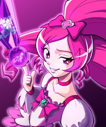 Rule 34 | 10s, 2girls, bow, brooch, choker, cure blossom, dress, dual persona, evil grin, evil smile, eyelashes, grin, hanasaki tsubomi, heart, heart brooch, heartcatch precure!, inu no yodare, jewelry, long hair, magical girl, mini person, minigirl, multiple girls, out of character, pink background, pink bow, pink eyes, pink hair, pink theme, ponytail, precure, ribbon, smile