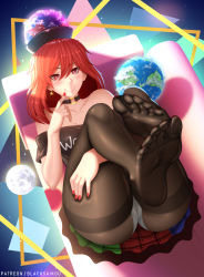 Rule 34 | 1girl, artist name, ass, bare shoulders, black choker, black pantyhose, black shirt, blacksaikou, blue skirt, blush, breasts, choker, cleavage, clothes writing, collarbone, commentary, couch, crotch seam, earrings, earth (ornament), english commentary, eyes visible through hair, feet, finger to mouth, foot focus, full body, green skirt, hair between eyes, hand on own thigh, hand up, hat, hecatia lapislazuli, highres, jewelry, looking at viewer, lying, medium breasts, medium hair, miniskirt, mole, mole under eye, mole under mouth, moon (ornament), multicolored clothes, multicolored skirt, nail polish, no shoes, off-shoulder shirt, off shoulder, on back, panties, panties under pantyhose, pantyhose, patreon username, plaid, plaid skirt, red eyes, red hair, red nails, red skirt, shadow, shirt, short sleeves, skirt, smile, soles, solo, star (symbol), star earrings, t-shirt, thick thighs, thighband pantyhose, thighs, toenail polish, toenails, toes, touhou, underwear, white panties