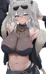Rule 34 | 1girl, absurdres, animal ear piercing, animal ears, armpits, bare shoulders, blush, breasts, cleavage, collarbone, ear piercing, fur-trimmed jacket, fur trim, green eyes, grey eyes, grey hair, hair between eyes, highres, hololive, jacket, jewelry, large breasts, lion ears, lion girl, lion tail, long hair, looking at viewer, midriff, navel, necklace, piercing, see-through, see-through cleavage, shishiro botan, shishiro botan (1st costume), skirt, solo, stomach, tail, tomj, twintails, virtual youtuber, white background