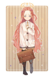 Rule 34 | 1girl, bag, black footwear, black pantyhose, blue archive, blue eyes, blush, buttons, cardigan, closed mouth, collared shirt, forehead, full body, halo, highres, holding, holding bag, long hair, looking at viewer, necktie, orange halo, original-orange-610917, pantyhose, red hair, shirt, shoes, solo, white cardigan, white shirt, yellow necktie, yuzu (blue archive)