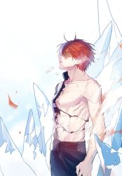 Rule 34 | 10s, 1boy, abs, bad id, bad twitter id, bare shoulders, blue eyes, boku no hero academia, collarbone, ice, jacket, male focus, multicolored hair, muscular, pants, pectorals, red hair, shot0 cake, sideburns, todoroki shouto, toned, torn clothes, track jacket, track pants, two-tone hair, white hair
