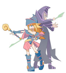 Rule 34 | 1boy, 1girl, bare shoulders, blonde hair, blue eyes, blue footwear, blush stickers, breasts, choker, cleavage, commentary request, dark magician, dark magician girl, duel monster, gloves, hat, hexagram, hitohautsu, holding, holding weapon, long hair, pentacle, pentagram, staff, wand, weapon, wizard hat, yu-gi-oh!, yuu-gi-ou, yu-gi-oh! duel monsters