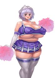 Rule 34 | 1girl, absurdres, areola slip, bare shoulders, breasts, cheerleader, cleavage, collarbone, covered erect nipples, elbow gloves, fat, gloves, highres, huge breasts, letty whiterock, light purple hair, looking at viewer, masahiro (toshigoum), midriff, navel, open mouth, pleated skirt, plump, pom pom (cheerleading), purple hair, shiny skin, short hair, simple background, skindentation, skirt, solo, standing, thick thighs, thighhighs, thighs, touhou, triangular headpiece, underboob, white background, white thighhighs, zettai ryouiki