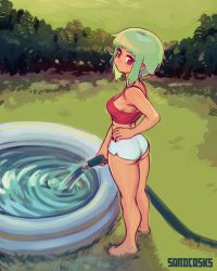 Rule 34 | 1girl, ass, barefoot, black nails, blunt bangs, breasts, camisole, commentary, day, from behind, full body, green hair, hand on own hip, highres, hose, lamp (sandcasks), looking back, medium breasts, nail polish, original, outdoors, pool, red camisole, red eyes, sandcasks, short hair, short shorts, shorts, sidelocks, solo, standing, summer, toes, wading pool, water, white shorts