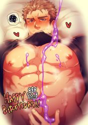 Rule 34 | 2boys, abs, bara, bare pecs, blush, flee ad, food on body, groping, happy birthday, heart, large pectorals, lifted by self, light brown hair, looking at viewer, male focus, mature male, mouth hold, multiple boys, muscular, muscular male, navel, nipples, original, pov, sexually suggestive, shirt lift, short hair, sideburns, slime (substance), solo focus, spilling, stomach, upper body, yaoi