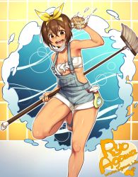 Rule 34 | &gt;:d, 1girl, :d, agawa ryou, artist name, bad id, bad tumblr id, bandeau, breasts, broom, brown eyes, brown hair, cleavage, grid background, hair between eyes, headband, holding, looking at viewer, mask, mouth mask, open mouth, overalls, short hair, slippers, smile, solo, sponge, standing, standing on one leg, tan, grid background, v-shaped eyebrows, water, watermark, web address