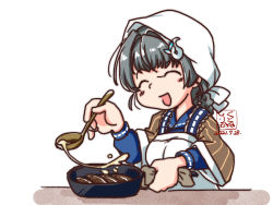 Rule 34 | 1girl, adapted costume, apron, artist logo, bandana, braid, commentary request, dated, fish, frying pan, hair flaps, hair ornament, hairclip, jingei (kancolle), kantai collection, kappougi, kutone shirika, ladle, long hair, one-hour drawing challenge, red eyes, simple background, single braid, smile, solo, white background