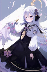 &gt;:( 1girl absurdres angel_wings azusa_(blue_archive) black_dress black_ribbon black_sailor_collar blue_archive blush closed_mouth crescent_halo crossed_bangs dress dress_flower feathered_wings flower frilled_dress frills hair_between_eyes hair_flower hair_ornament hair_ribbon halo hi_mi_zu highres jacket long_hair long_sleeves looking_at_viewer low_wings neck_ribbon open_clothes open_jacket petticoat pink_eyes puffy_long_sleeves puffy_sleeves purple_eyes ribbon sailor_collar solo v-shaped_eyebrows white_hair white_jacket white_wings wings yellow_halo yellow_ribbon