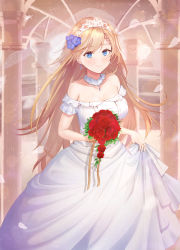 Rule 34 | 1girl, bad id, bad pixiv id, bare shoulders, blonde hair, blue eyes, blue gemstone, blush, bouquet, braid, braided bangs, breasts, bridal veil, bride, choker, commentary request, dress, earrings, flower, g36 (girls&#039; frontline), g36 (pure white cornflower) (girls&#039; frontline), gem, girls&#039; frontline, hair between eyes, hair ornament, highres, holding, holding bouquet, jewelry, light particles, long hair, looking at viewer, medium breasts, necoring862, off-shoulder dress, off shoulder, official alternate costume, ornate ring, red flower, red rose, ring, rose, sidelocks, skirt hold, smile, solo, veil, very long hair, wedding dress, wedding ring, white dress
