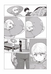 Rule 34 | 1boy, 1girl, :&lt;, breasts, comic, defeat, elf, elf-san wa yaserarenai., empty eyes, erufuda-san, fang, food, french fries, greyscale, highres, large breasts, monochrome, naoe-san, naoe (elf-san wa yaserarenai.), pants, pet cone, plump, pointy ears, shirt, silent comic, solo focus, synecdoche, t-shirt, tongue, tongue out, track pants