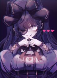 Rule 34 | 1girl, black background, black bow, black hair, black nails, bow, breasts, cleavage, crossed fingers, eyepatch, hair bow, hair ornament, hairclip, heart, highres, large breasts, long hair, looking at viewer, mogmogyasai, nail polish, original, solo, upper body