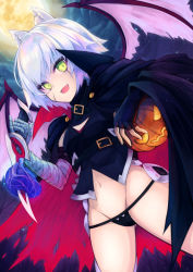 Rule 34 | 1girl, :d, animal ears, bandaged arm, bandages, bare tree, belt, bikini, black bikini, black cape, black gloves, black panties, black shirt, blouse, cape, cat ears, cloud, commentary request, cowboy shot, dagger, demon wings, facial scar, fang, fate/apocrypha, fate (series), fingerless gloves, full moon, gloves, green eyes, groin, halloween, halloween costume, highres, holding, holding dagger, holding knife, holding weapon, jack-o&#039;-lantern, jack the ripper (fate/apocrypha), knife, looking at viewer, moon, navel, night, open mouth, otogi kyouka, outdoors, panties, scar, scar across eye, scar on cheek, scar on face, shirt, short hair, sky, sleeveless, sleeveless shirt, smile, solo, swimsuit, torn cape, torn clothes, tree, underwear, v-shaped eyebrows, weapon, white hair, wings
