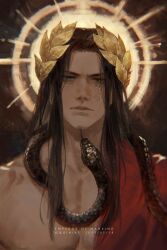 Rule 34 | 1boy, absurdres, black hair, crying, crying with eyes open, emperor of mankind, ginias, halo, highres, laurel crown, long hair, snake, tears, warhammer 40k
