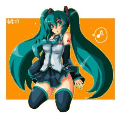 Rule 34 | bad id, bad pixiv id, black thighhighs, blue eyes, blue hair, detached sleeves, hatsune miku, kara (color), kneeling, long hair, necktie, solo, thighhighs, twintails, very long hair, vocaloid