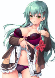 Rule 34 | 1girl, aqua hair, awa yume, blush, bra, breasts, brown jacket, cleavage, clothes lift, collarbone, frilled skirt, frills, green eyes, hair ornament, hairclip, highres, jacket, kantai collection, large breasts, long hair, looking at viewer, navel, open clothes, open jacket, open shirt, panties, parted lips, purple bra, purple panties, shirt, simple background, skirt, skirt lift, solo, suzuya (kancolle), suzuya kai ni (kancolle), underwear, white background, white shirt