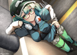 Rule 34 | 1girl, alternate costume, bespectacled, black footwear, blue eyes, blue hair, blush, breasts, brick wall, closed mouth, commentary request, contemporary, expressionless, flat cap, full body, glasses, green hat, green pantyhose, hair bobbles, hair ornament, hat, headphones, highres, kagiyama shachou, kawashiro nitori, key, large breasts, layered sleeves, leaf print, long sleeves, looking at viewer, maple leaf print, medium hair, pantyhose, red-framed eyewear, shoes, short over long sleeves, short shorts, short sleeves, shorts, sidelocks, simple background, sneakers, solo, standing, tile floor, tiles, touhou, two side up, white shorts