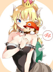 Rule 34 | 1boy, 1girl, armlet, artist name, bad id, bad pixiv id, bare shoulders, black nails, blonde hair, blue eyes, blush, bowsette, bracelet, breasts, chibi, collar, collarbone, commentary request, crown, dress, fingernails, horns, jewelry, large breasts, long hair, mario, mario (series), myuton, nail polish, new super mario bros. u deluxe, nintendo, one eye closed, pointy ears, ponytail, sharp fingernails, spiked armlet, spiked bracelet, spiked collar, spiked shell, spikes, spoken blush, strapless, strapless dress, super crown, thought bubble, turtle shell