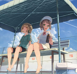 Rule 34 | 2girls, :o, arm at side, arms at sides, backpack, bag, barefoot, baseball cap, bench, blouse, blue shirt, blue sky, blush, box, brown hair, canopy (shelter), caustics, cloud, collared shirt, contrail, cooler, day, dress shirt, eyebrows, feet, feet together, fence, flat chest, food, food in mouth, from below, full body, green eyes, hat, high ponytail, highres, holding, knees apart feet together, knees together feet apart, looking at viewer, looking away, looking up, mouth hold, multiple girls, neck ribbon, open mouth, orange eyes, original, outdoors, oweee, ponytail, popsicle, red ribbon, reflection, revision, ribbon, shade, shadow, shirt, short hair, short sleeves, shorts, sidelocks, sitting, skirt, sky, strap slip, summer, sweat, swept bangs, thermos, water, white shirt, white skirt