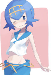 Rule 34 | 1girl, blue eyes, blue hair, blue pants, blush, closed mouth, collarbone, commentary request, creatures (company), freckles, game freak, gold hairband, hairband, highres, lana (pokemon), nakami chihiro, navel, nintendo, one eye closed, pants, pokemon, pokemon sm, sailor collar, shirt, short hair, sleeveless, sleeveless shirt, smile, solo, two-tone background