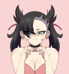 Rule 34 | 1girl, aqua eyes, asymmetrical hair, black hair, blush, breasts, choker, cleavage, collarbone, creatures (company), darwaarts, earrings, forced smile, game freak, highres, jewelry, large breasts, looking at viewer, marnie (pokemon), nail polish, nintendo, pink background, pokemon, pokemon swsh, solo, upper body