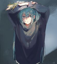 Rule 34 | 1girl, aqua hair, arms up, black hoodie, copyright name, expressionless, grey background, hair between eyes, hassan (sink916), hatsune miku, highres, holding, holding plant, hood, hoodie, long hair, long sleeves, looking at viewer, parted lips, plant, solo, twintails, upper body, vocaloid