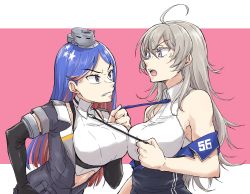 Rule 34 | 2girls, ahoge, anger vein, bare shoulders, black gloves, black jacket, black necktie, blue eyes, blue hair, breast press, breasts, commentary, crop top, dress shirt, elbow gloves, gloves, grey eyes, headgear, highres, jacket, kantai collection, large breasts, long hair, midriff, military, military uniform, multicolored hair, multiple girls, necktie, necktie grab, neckwear grab, off shoulder, open clothes, open jacket, pink background, red hair, rindou (rindou annon), shirt, short sleeves, sleeveless, sleeveless shirt, south dakota (kancolle), star (symbol), symbol-only commentary, symmetrical docking, two-tone background, uniform, washington (kancolle), white background, white hair, white shirt
