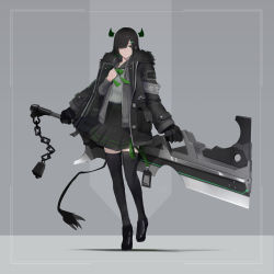 Rule 34 | 1girl, absurdres, armband, black footwear, black gloves, black hair, black skirt, black thighhighs, bow, buttons, chain, cow tail, extra arms, fur trim, gloves, green bow, green eyes, green hair, hair ornament, hair over one eye, hairclip, highres, holding, holding sword, holding weapon, horns, huge weapon, jacket, jiang1274, medium hair, multicolored hair, name tag, original, pocket, skirt, solo, standing, sword, tail, thighhighs, uniform, weapon