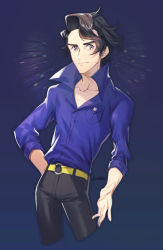Rule 34 | 1boy, arm behind back, augustine sycamore, belt, black hair, black pants, closed mouth, collarbone, collared shirt, commentary request, creatures (company), facial hair, game freak, grey eyes, kusuribe, looking at viewer, male focus, nintendo, pants, pokemon, pokemon xy, popped collar, purple background, purple shirt, shirt, signature, sleeves rolled up, solo, yellow belt