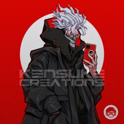 1boy alternate_form black_jacket dandadan glasses highres holding holding_phone jacket kensuke_creations male_focus mask mouth_mask phone red_eyes solo takakura_ken_(dandadan) tall_hair transformation white_hair